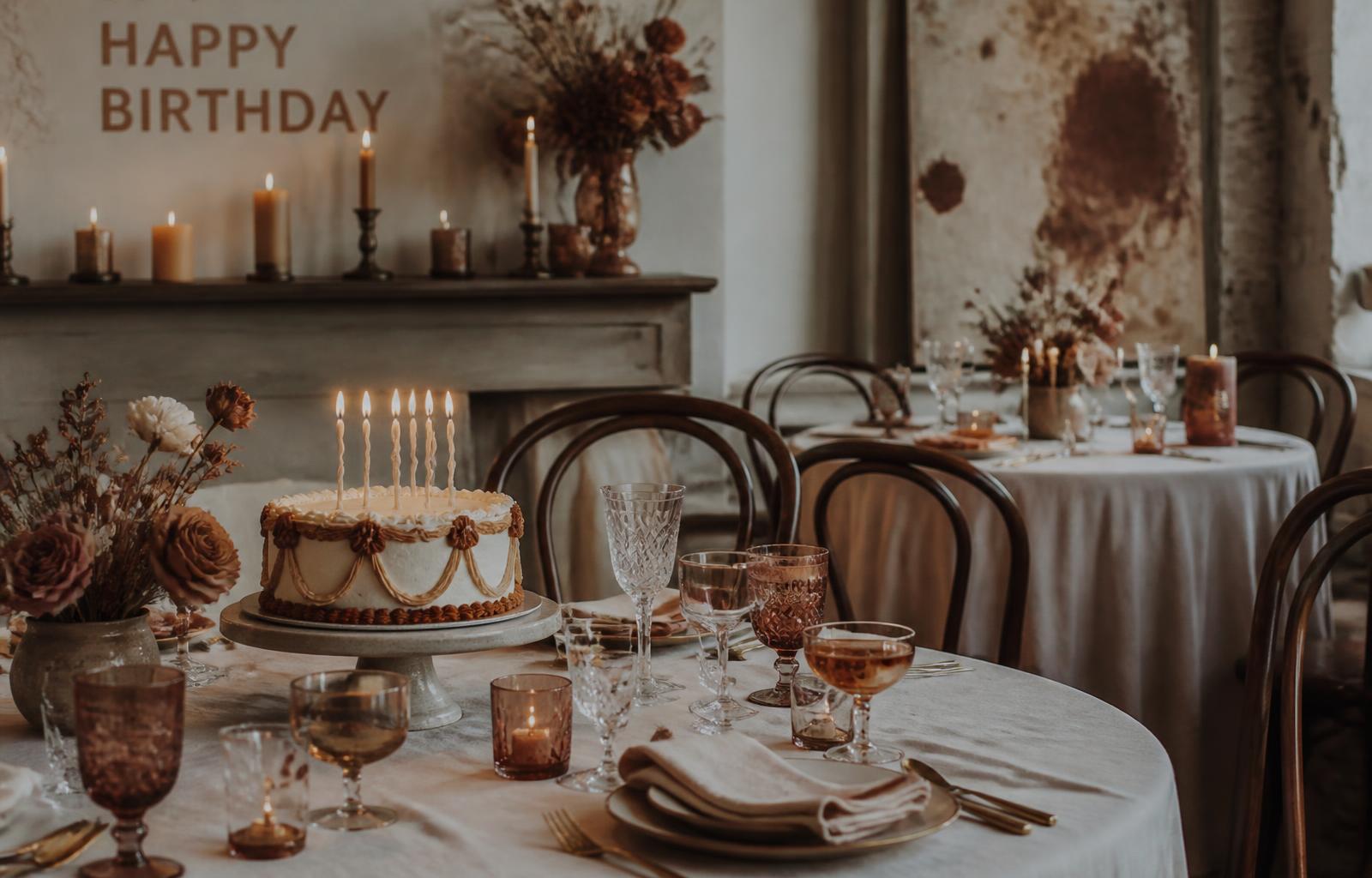 Mesa de aniversário intimista com bolo, velas e taças de acervo